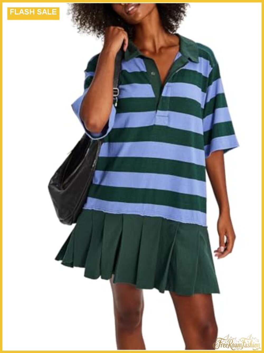 Striped Cotton T-Shirt Dress with Collar and Pleated Skirt